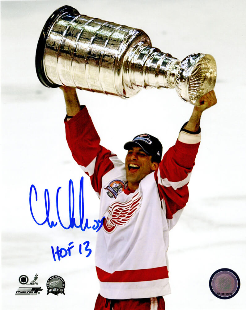 Chris Chelios Signed Detroit Red Wings 2002 Stanley Cup Trophy 8x10 Photo w/HOF'13 - CHE08P405 - Chris Chelios Signed Detroit Red Wings 2002 Stanley Cup Trophy 8x10 Photo w/HOF'13 product image
