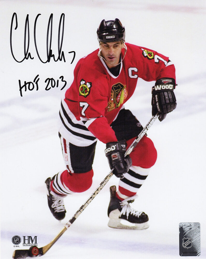 Chris Chelios Signed Chicago Blackhawks With Puck Action 8x10 Photo w/HOF 2013 - CHE08P406 - Chris Chelios Signed Chicago Blackhawks With Puck Action 8x10 Photo w/HOF 2013 product image