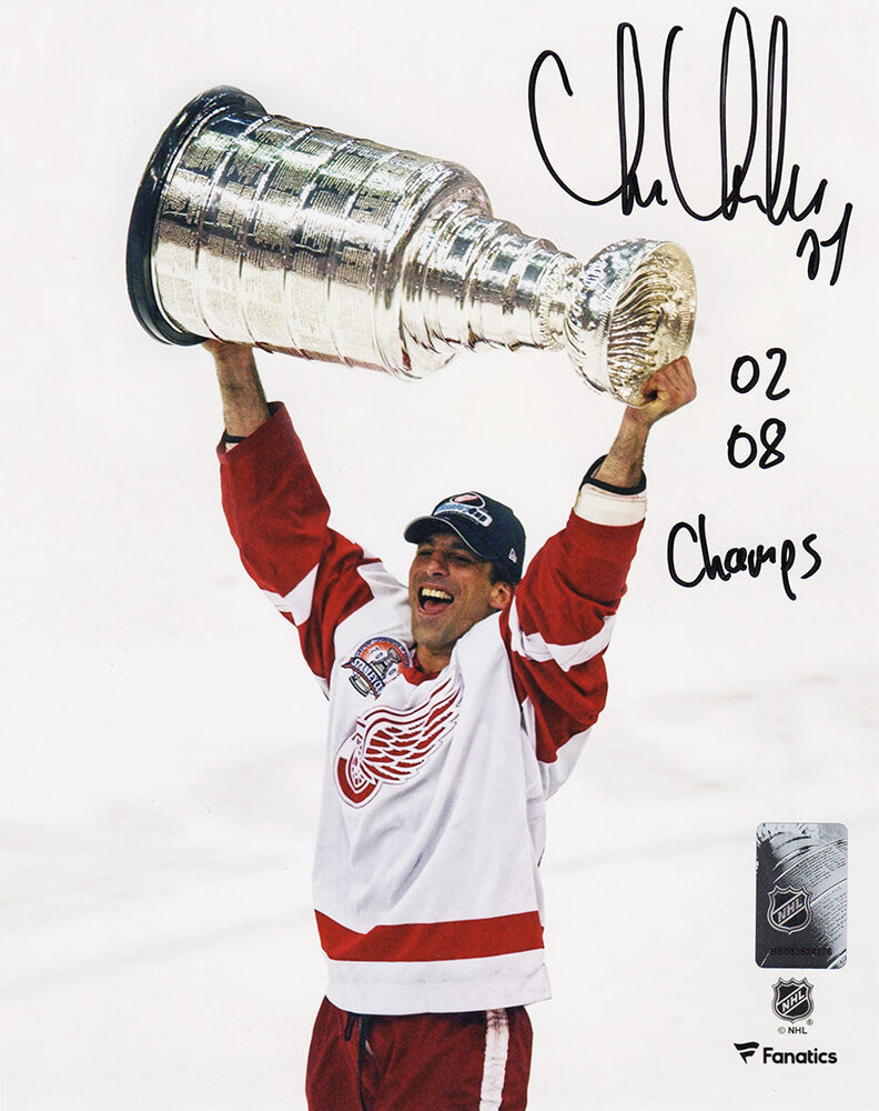 Chris Chelios Signed Detroit Red Wings Holding Stanley Cup 8x10 Photo w/02, 08 Champs - CHE08P407 - Chris Chelios Signed Detroit Red Wings Holding Stanley Cup 8x10 Photo w/02, 08 Champs product image
