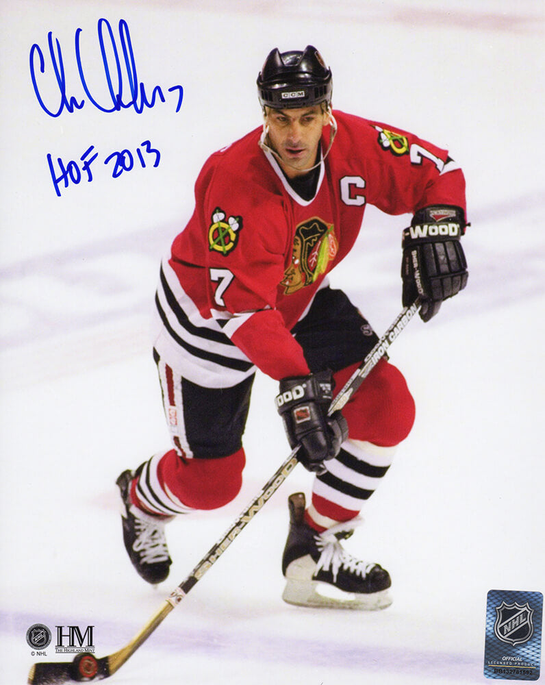 Chris Chelios Signed Blackhawks With Puck Action 8x10 Photo w/HOF 2013 (In Blue) - CHE08P408 - Chris Chelios Signed Blackhawks With Puck Action 8x10 Photo w/HOF 2013 (In Blue) product image