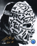 Gerry Cheevers Signed Bruins Mask Close Up B&W 8x10 Photo w/HOF'85 - CHE08P422 - Gerry Cheevers Signed Bruins Mask Close Up B&W 8x10 Photo w/HOF'85 product image