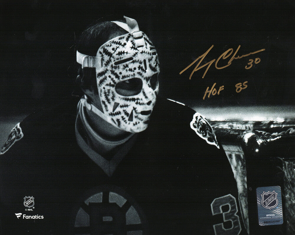 Gerry Cheevers Signed Boston Bruins Goalie Mask Close Up In Goal B&W 8x10 Photo w/HOF'85 - CHE08P423 - Gerry Cheevers Signed Boston Bruins Goalie Mask Close Up In Goal B&W 8x10 Photo w/HOF'85 product image