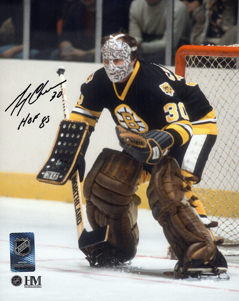 Gerry Cheevers Signed Boston Bruins Goalie Black Jersey Action 8x10 Photo w/HOF'85 - CHE08P424 - Gerry Cheevers Signed Boston Bruins Goalie Black Jersey Action 8x10 Photo w/HOF'85 product image