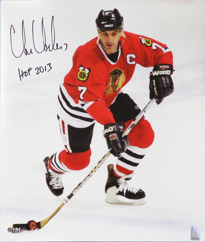 Chris Chelios Signed Chicago Blackhawks With Puck Action 16x20 Photo w/HOF 2013 - CHE16P408 - Chris Chelios Signed Chicago Blackhawks With Puck Action 16x20 Photo w/HOF 2013 product image