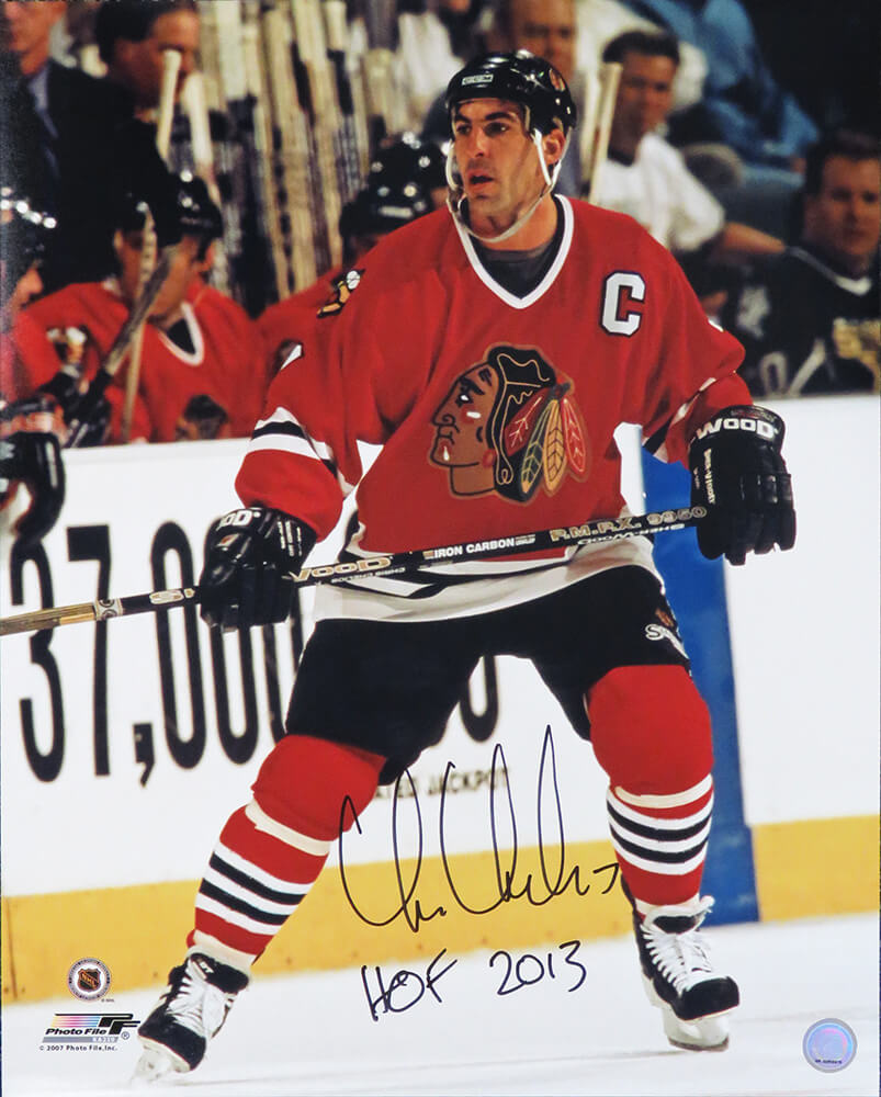 Chris Chelios Signed Chicago Blackhawks Red Jersey Action 16x20 Photo w/HOF 2013 - CHE16P409 - Chris Chelios Signed Chicago Blackhawks Red Jersey Action 16x20 Photo w/HOF 2013 product image