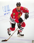 Chris Chelios Signed Chicago Blackhawks With Puck Action 16x20 Photo w/HOF 2013 (In Blue) - CHE16P410 - Chris Chelios Signed Chicago Blackhawks With Puck Action 16x20 Photo w/HOF 2013 (In Blue) product image