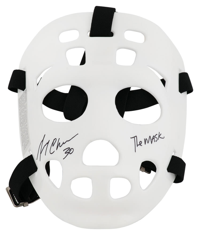 Gerry Cheevers Signed White Throwback Goalie Mask With Black Straps w/The Mask - CHEMAS429 - Gerry Cheevers Signed White Throwback Goalie Mask With Black Straps w/The Mask product image