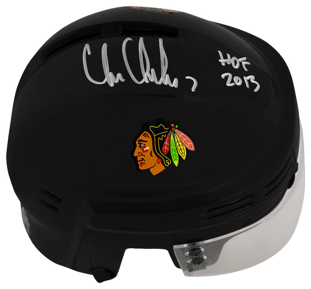 Chris Chelios Signed Blackhawks Black Hockey Mini Helmet w/HOF 2013 - CHEMIN403 - Chris Chelios Signed Blackhawks Black Hockey Mini Helmet w/HOF 2013 product image
