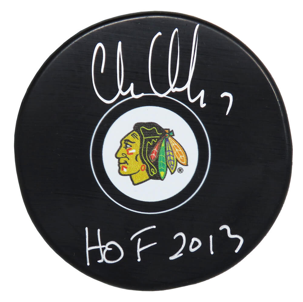 Chris Chelios Signed Blackhawks Logo Hockey Puck w/HOF 2013 - CHEPUC400 - Chris Chelios Signed Blackhawks Logo Hockey Puck w/HOF 2013 product image