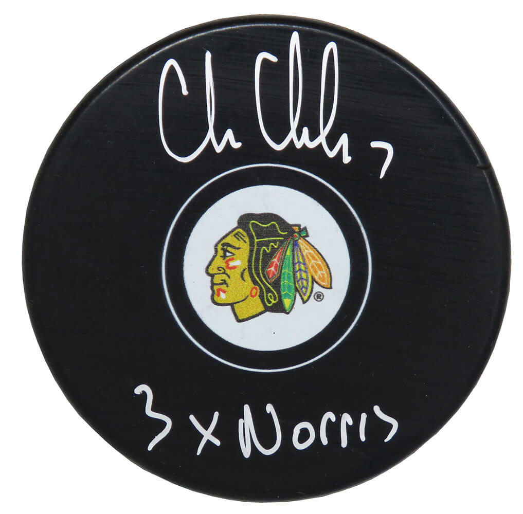 Chris Chelios Signed Chicago Blackhawks Logo Hockey Puck w/3x Norris - CHEPUC405 - Chris Chelios Signed Chicago Blackhawks Logo Hockey Puck w/3x Norris product image