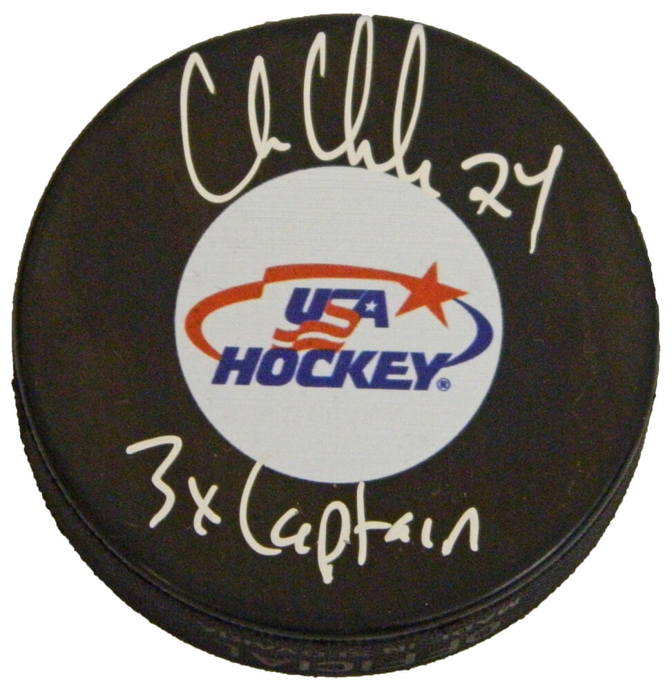Chris Chelios Signed Team USA Hockey Logo Hockey Puck w/3x Captain - CHEPUC407 - Chris Chelios Signed Team USA Hockey Logo Hockey Puck w/3x Captain product image