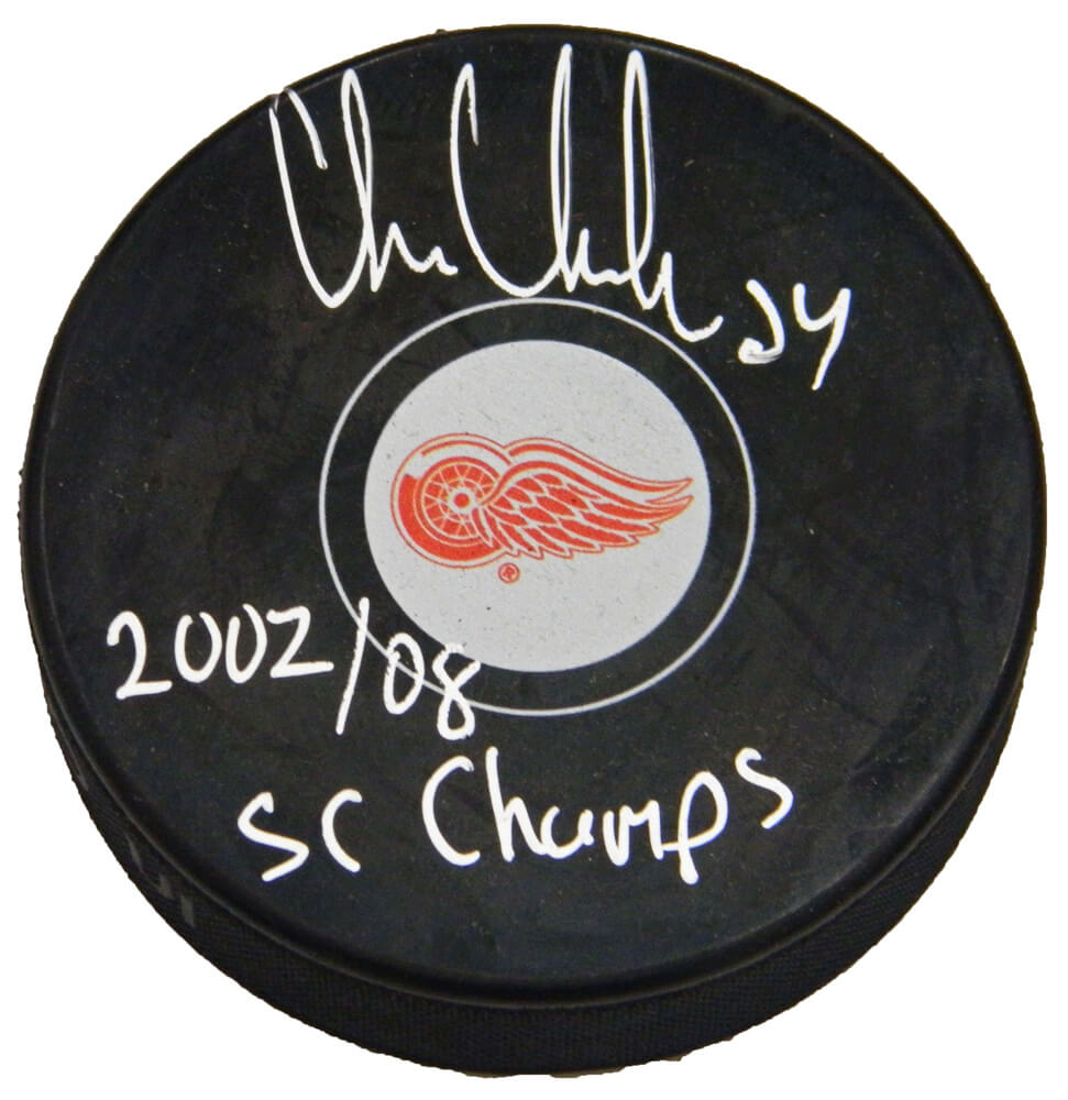 Chris Chelios Signed Detroit Red Wings Logo Hockey Puck w/2002, 08 SC Champs - CHEPUC408 - Chris Chelios Signed Detroit Red Wings Logo Hockey Puck w/2002, 08 SC Champs product image
