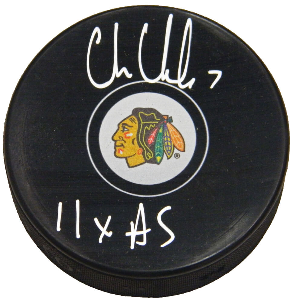 Chris Chelios Signed Chicago Blackhawks Logo Hockey Puck w/11x AS - CHEPUC409 - Chris Chelios Signed Chicago Blackhawks Logo Hockey Puck w/11x AS product image