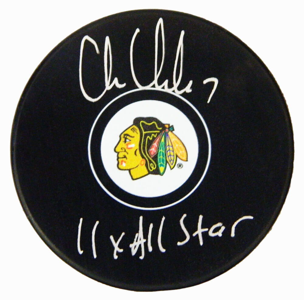 Chris Chelios Signed Chicago Blackhawks Logo Hockey Puck w/11x All Star - CHEPUC410 - Chris Chelios Signed Chicago Blackhawks Logo Hockey Puck w/11x All Star product image