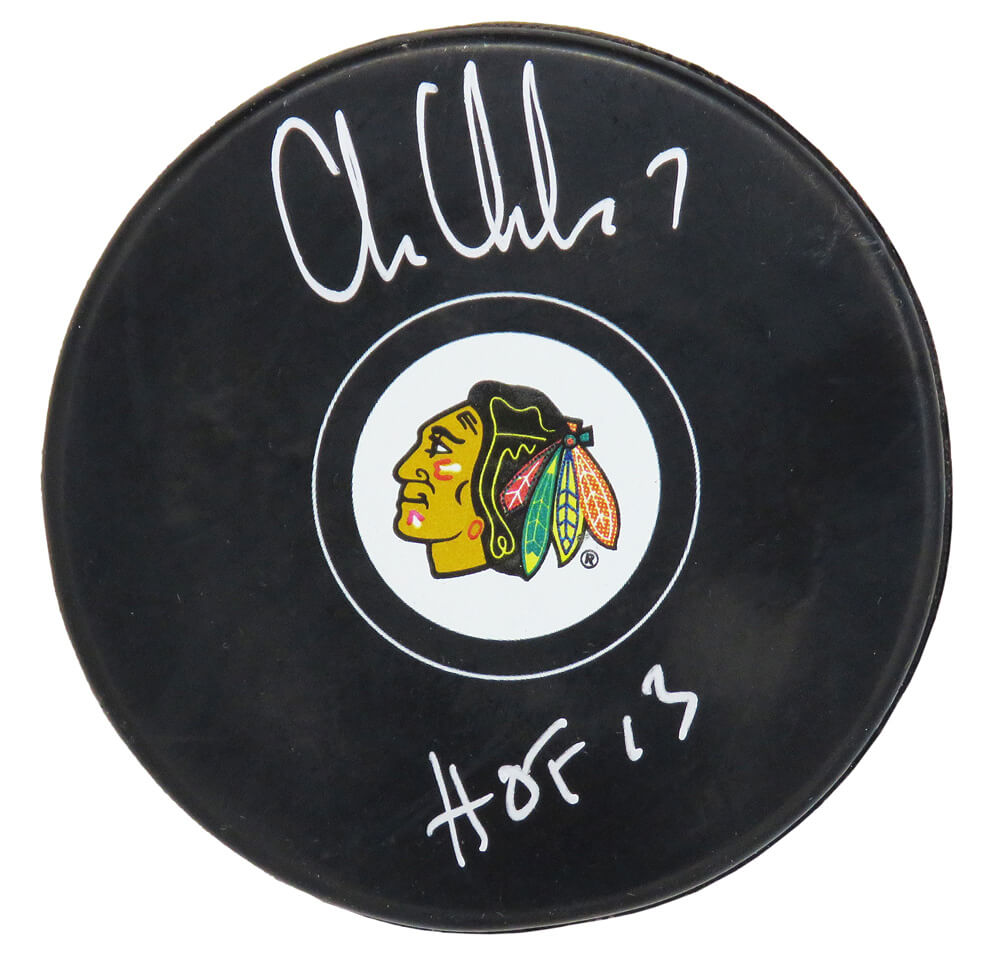Chris Chelios Signed Blackhawks Logo Hockey Puck w/HOF'13 - CHEPUC415 - Chris Chelios Signed Blackhawks Logo Hockey Puck w/HOF'13 product image
