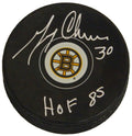 Gerry Cheevers Signed Boston Bruins Logo Hockey Puck w/HOF 85 - CHEPUC420 - Gerry Cheevers Signed Boston Bruins Logo Hockey Puck w/HOF 85 product image
