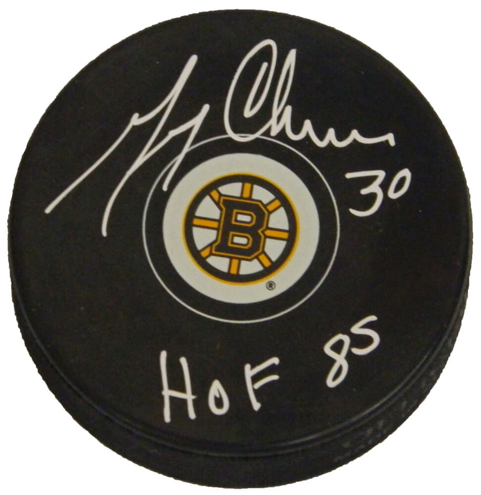 Gerry Cheevers Signed Boston Bruins Logo Hockey Puck w/HOF 85 - CHEPUC420 - Gerry Cheevers Signed Boston Bruins Logo Hockey Puck w/HOF 85 product image