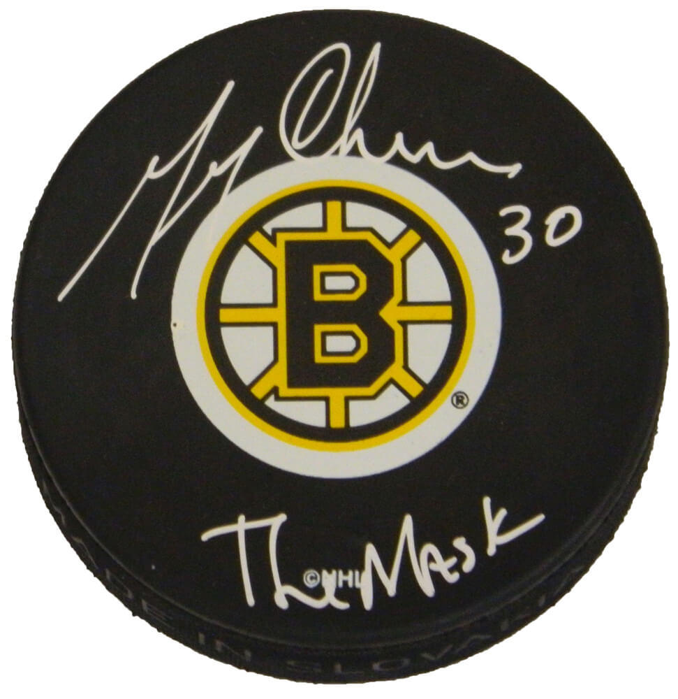 Gerry Cheevers Signed Boston Bruins Logo Hockey Puck w/The Mask - CHEPUC421 - Gerry Cheevers Signed Boston Bruins Logo Hockey Puck w/The Mask product image