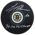 Gerry Cheevers Signed Boston Bruins Logo Hockey Puck w/70, 72 SC Champs - CHEPUC422 - Gerry Cheevers Signed Boston Bruins Logo Hockey Puck w/70, 72 SC Champs product image