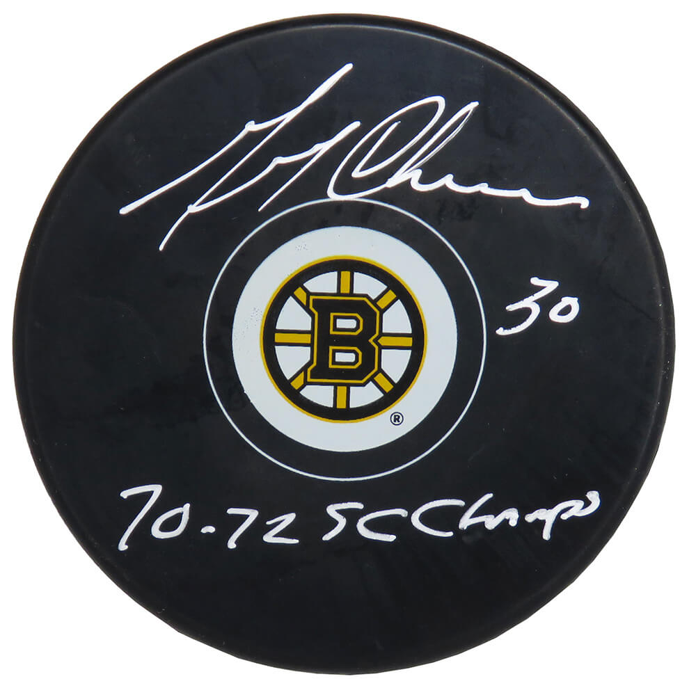 Gerry Cheevers Signed Boston Bruins Logo Hockey Puck w/70, 72 SC Champs - CHEPUC422 - Gerry Cheevers Signed Boston Bruins Logo Hockey Puck w/70, 72 SC Champs product image