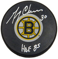 Gerry Cheevers Signed Boston Bruins Team Logo Hockey Puck w/HOF 85 - CHEPUC423 - Gerry Cheevers Signed Boston Bruins Team Logo Hockey Puck w/HOF 85 product image