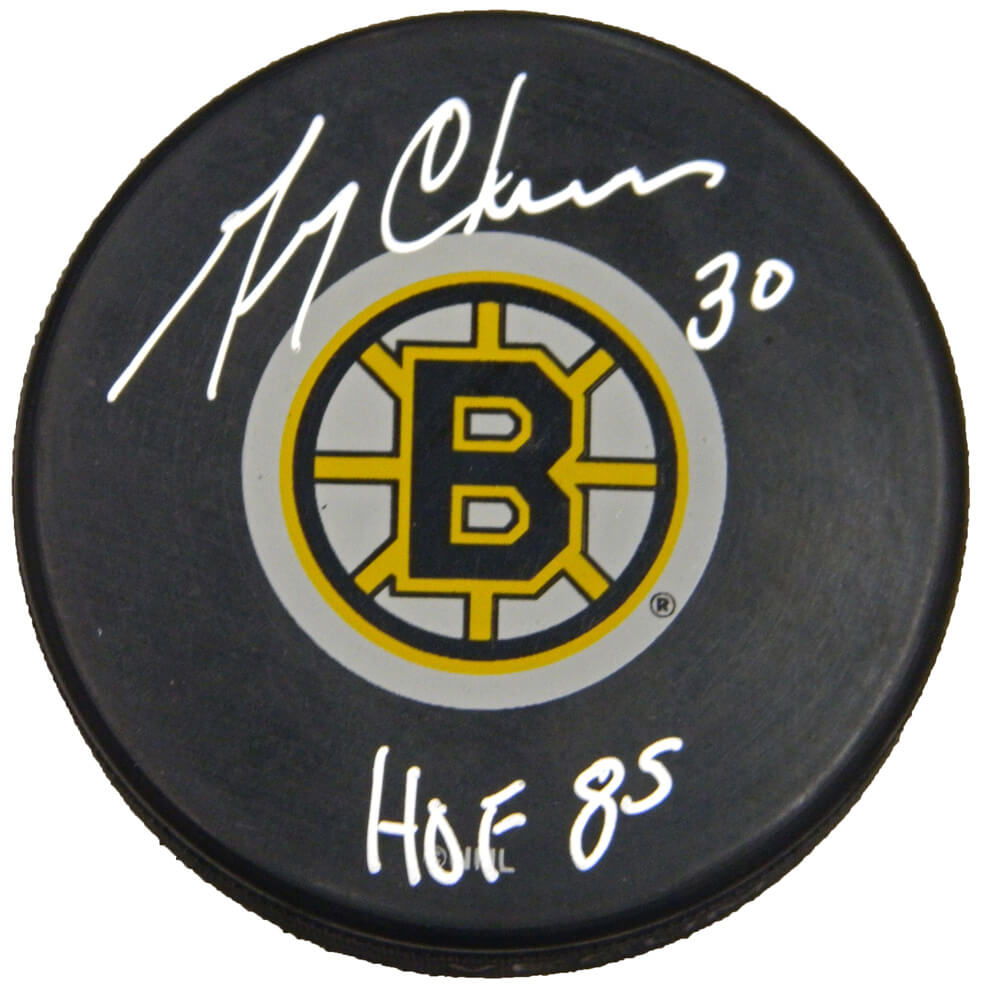 Gerry Cheevers Signed Boston Bruins Team Logo Hockey Puck w/HOF 85 - CHEPUC423 - Gerry Cheevers Signed Boston Bruins Team Logo Hockey Puck w/HOF 85 product image