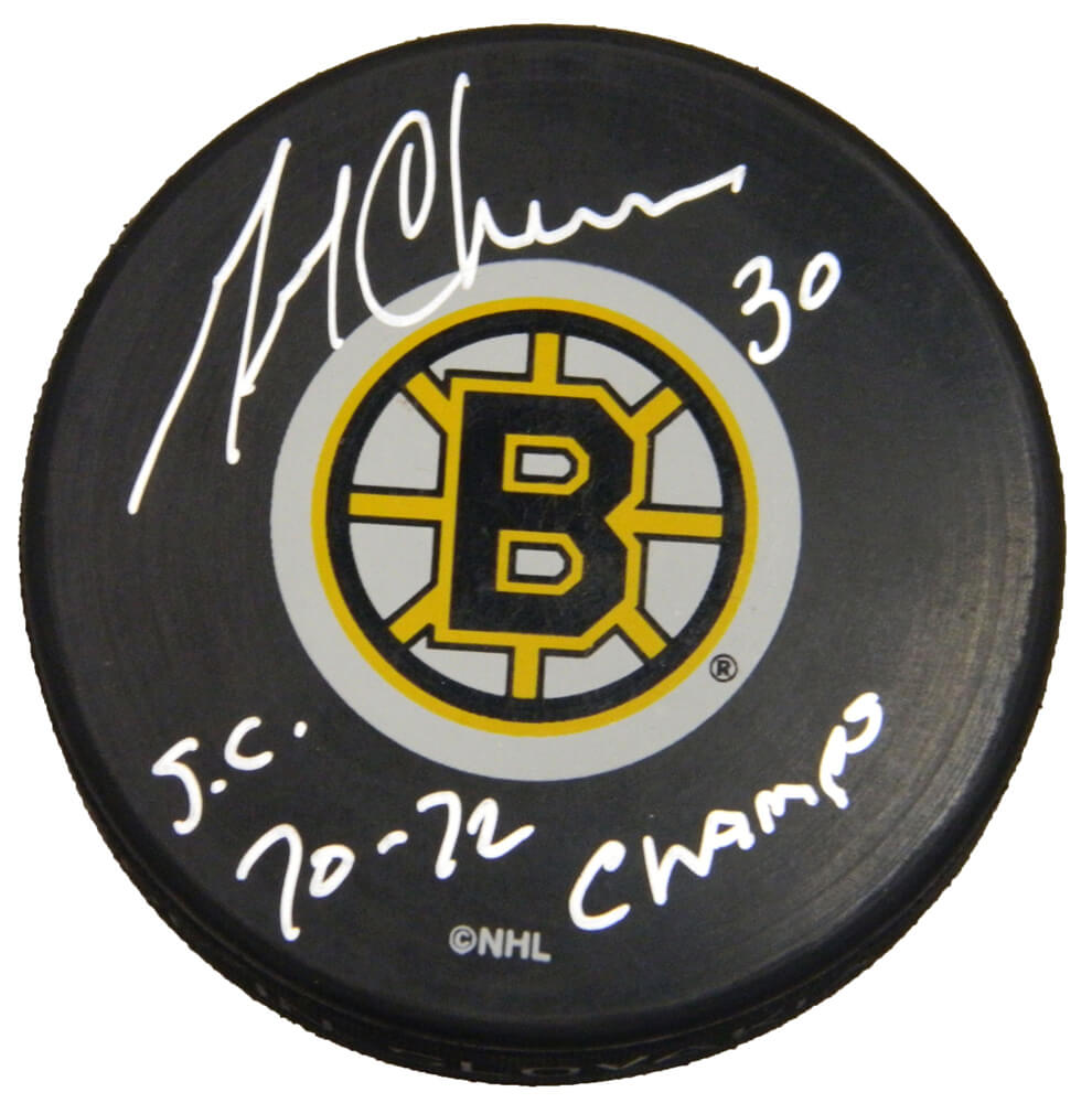 Gerry Cheevers Signed Boston Bruins Team Logo Hockey Puck w/SC 70,72 Champs - CHEPUC424 - Gerry Cheevers Signed Boston Bruins Team Logo Hockey Puck w/SC 70,72 Champs product image