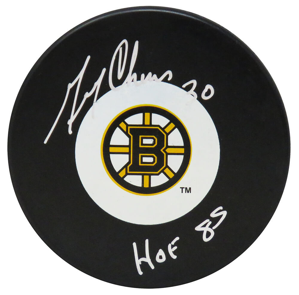 Gerry Cheevers Signed Bruins Team Logo Hockey Puck w/#30, HOF'85 - CHEPUC427 - Gerry Cheevers Signed Bruins Team Logo Hockey Puck w/#30, HOF'85 product image