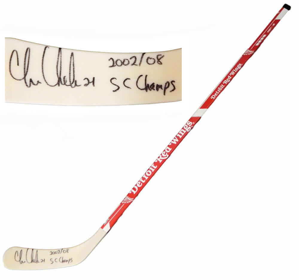 Chris Chelios Signed Detroit Red Wings Logo 48 Inch Full Size Hockey Stick w/2002, 08 SC Champs - CHESTK403 - Chris Chelios Signed Detroit Red Wings Logo 48 Inch Full Size Hockey Stick w/2002, 08 SC Champs product image