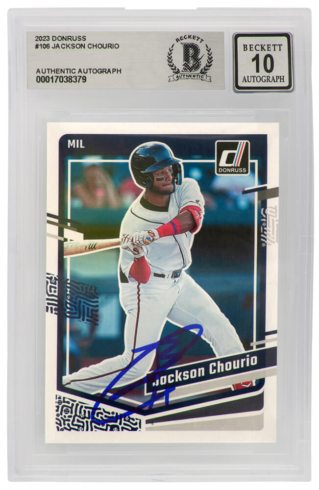 Jackson Chourio Signed Brewers 2023 Donruss Rookie Baseball Card #106 - (Beckett / Auto Grade 10) - CHOCAR100 - Jackson Chourio Signed Brewers 2023 Donruss Rookie Baseball Card #106 - (Beckett / Auto Grade 10) product image