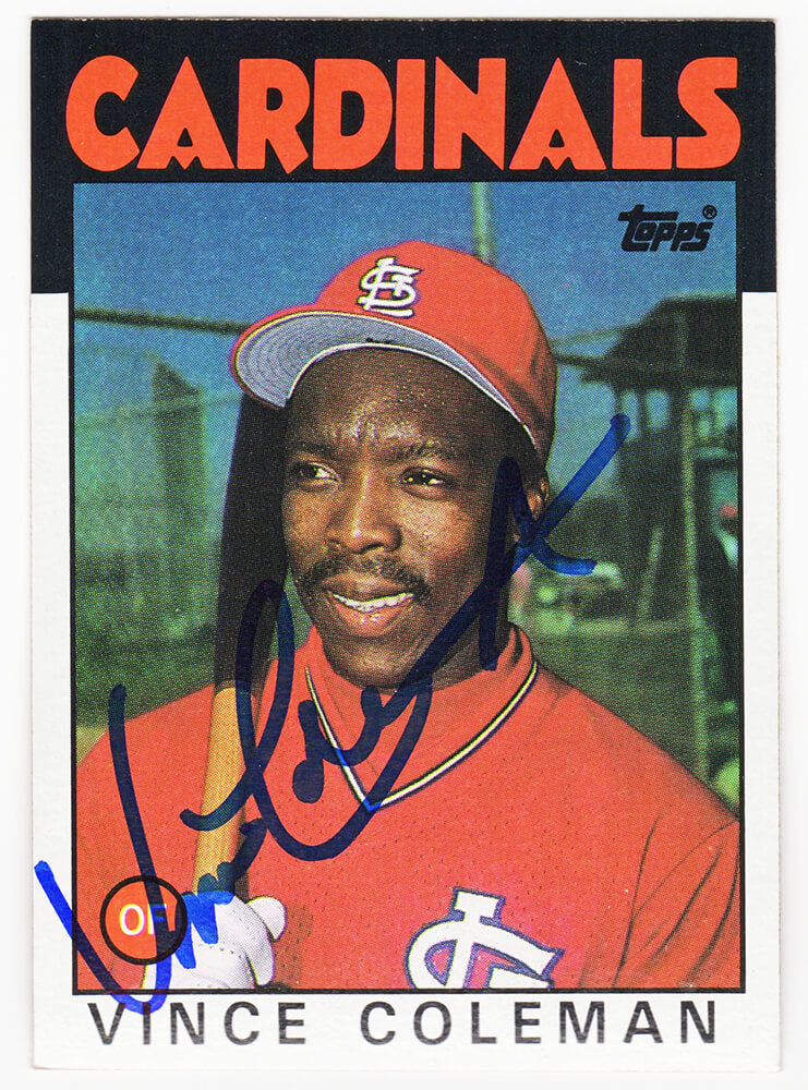 Vince Coleman Signed St. Louis Cardinals 1986 Topps Baseball Trading Card #370 - COLCAR101 - Vince Coleman Signed St. Louis Cardinals 1986 Topps Baseball Trading Card #370 product image