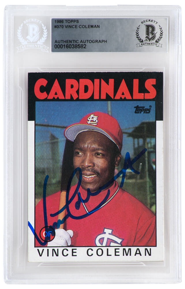 Vince Coleman Signed St. Louis Cardinals 1986 Topps Baseball Trading Card #370 - (Beckett Encapsulated) - COLCAR104 - Vince Coleman Signed St. Louis Cardinals 1986 Topps Baseball Trading Card #370 - (Beckett Encapsulated) product image