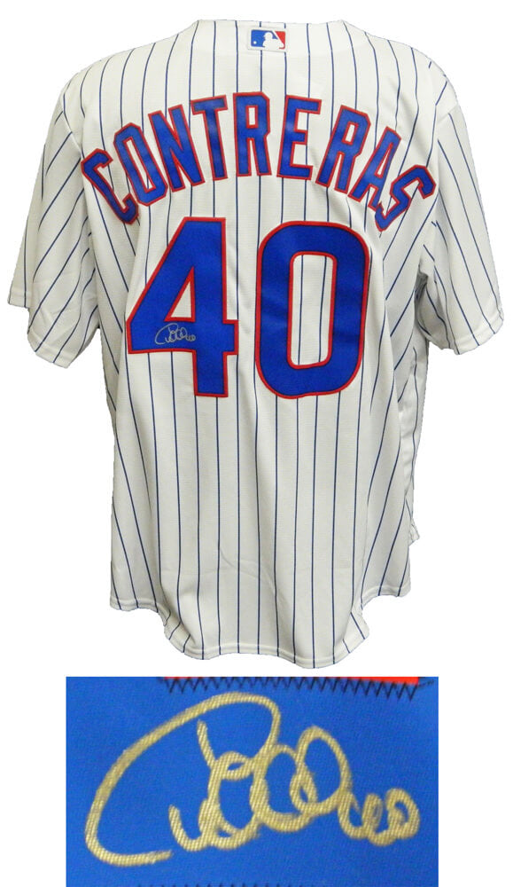 Willson Contreras Signed Chicago Cubs White Pinstripe Majestic Replica Jersey - CONJRY100 - Willson Contreras Signed Chicago Cubs White Pinstripe Majestic Replica Jersey product image