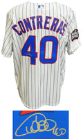 Willson Contreras Signed Chicago Cubs White Pinstripe 2016 World Series Patch Majestic Jersey - CONJRY101 - Willson Contreras Signed Chicago Cubs White Pinstripe 2016 World Series Patch Majestic Jersey product image