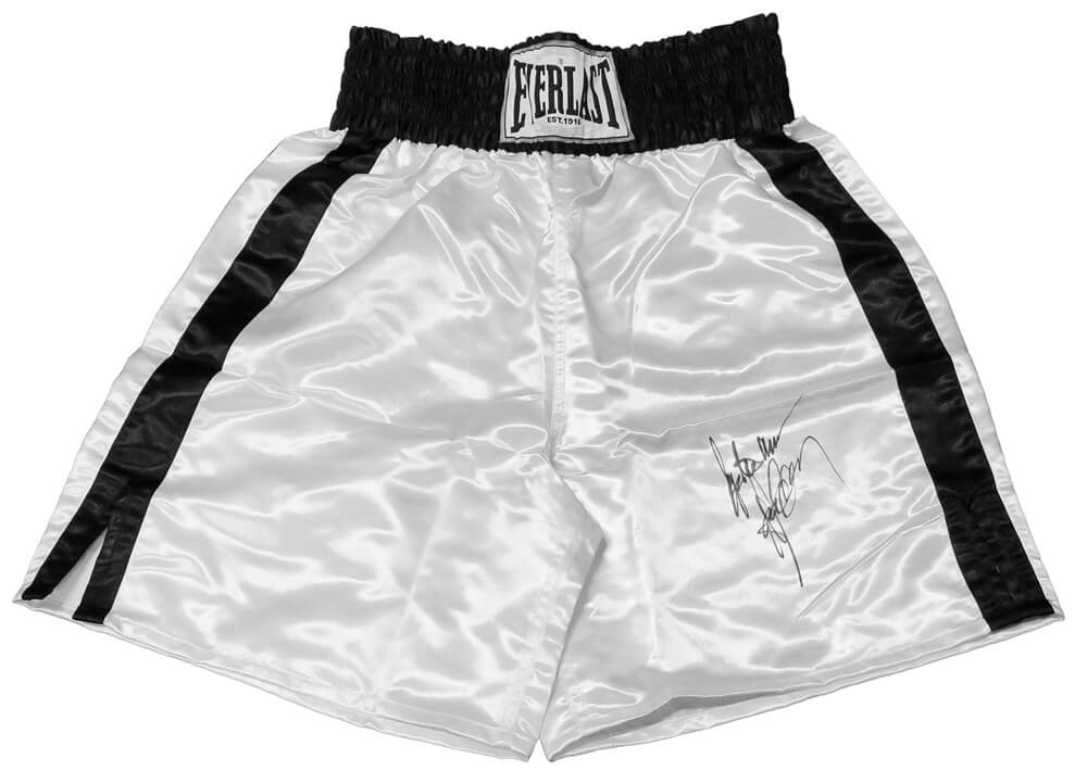 Gerry Cooney Signed Everlast White Boxing Trunks w/Gentleman - COOTRU501 - Gerry Cooney Signed Everlast White Boxing Trunks w/Gentleman product image