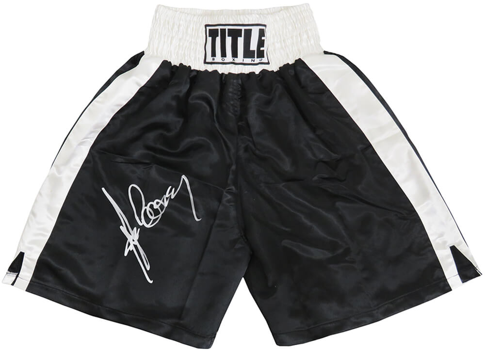 Gerry Cooney Signed Title Black & White Trim Boxing Trunks - COOTRU502 - Gerry Cooney Signed Title Black & White Trim Boxing Trunks product image