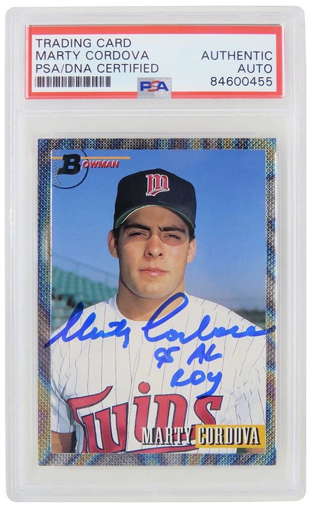 Marty Cordova Signed Minnesota Twins 1993 Bowman Rookie Baseball Card #345 w/95 AL ROY - (PSA/DNA Encapsulated) - CORCAR101 - Marty Cordova Signed Minnesota Twins 1993 Bowman Rookie Baseball Card #345 w/95 AL ROY - (PSA/DNA Encapsulated) product image