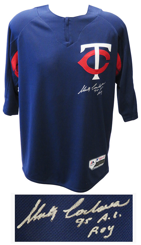 Marty Cordova Signed Minnesota Twins Navy Majestic Replica Baseball Jersey w/95 AL ROY - CORJRY100 - Marty Cordova Signed Minnesota Twins Navy Majestic Replica Baseball Jersey w/95 AL ROY product image