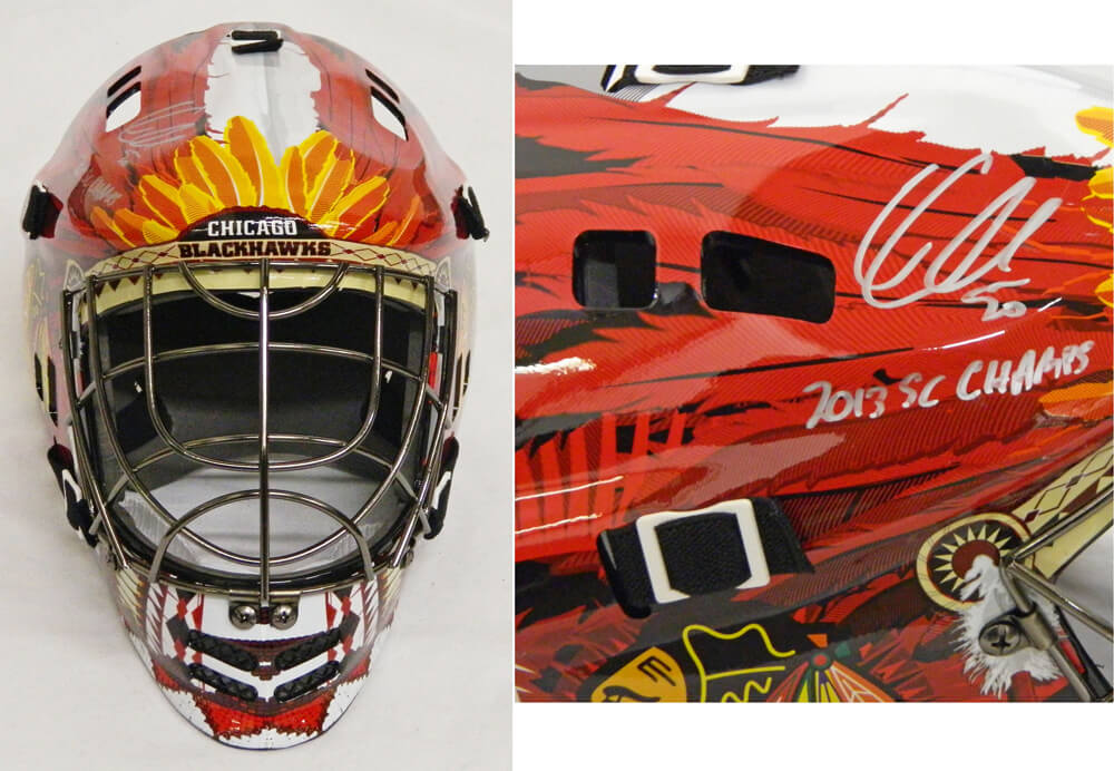 Corey Crawford Signed Blackhawks Replica Goalie Mask w/2013 SC Champs - CRAMAS401 - Corey Crawford Signed Blackhawks Replica Goalie Mask w/2013 SC Champs product image