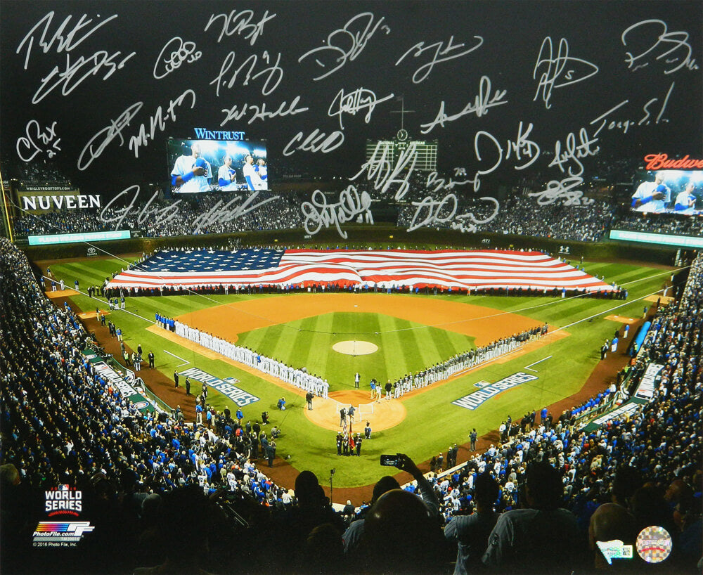2016 Chicago Cubs Team Signed 2016 World Series American Flag On Wrigley Field 16x20 Photo (26 Sigs) - CUB16P172 - 2016 Chicago Cubs Team Signed 2016 World Series American Flag On Wrigley Field 16x20 Photo (26 Sigs) product image