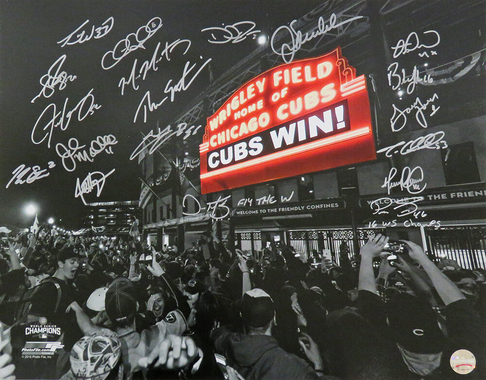 2016 Chicago Cubs Team Signed Chicago Cubs 2016 World Series Wrigley Field Marquee Spotlight 16x20 Photo (19 Sigs) - CUB16P174 - 2016 Chicago Cubs Team Signed Chicago Cubs 2016 World Series Wrigley Field Marquee Spotlight 16x20 Photo (19 Sigs) product image