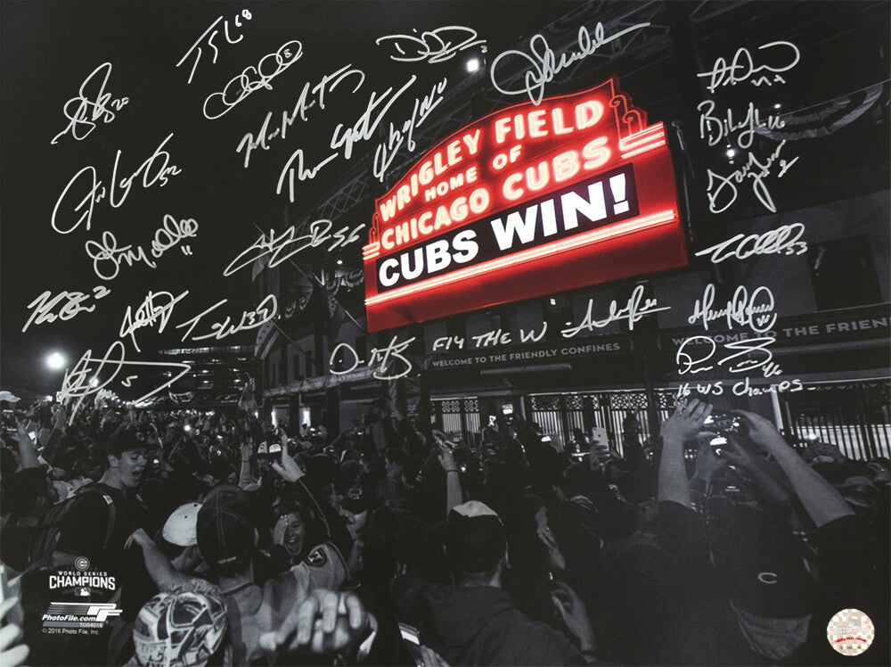 2016 Chicago Cubs Team Signed Chicago Cubs 2016 World Series Wrigley Field Marquee Spotlight 16x20 Photo (23 Sigs) - CUB16P181 - 2016 Chicago Cubs Team Signed Chicago Cubs 2016 World Series Wrigley Field Marquee Spotlight 16x20 Photo (23 Sigs) product image