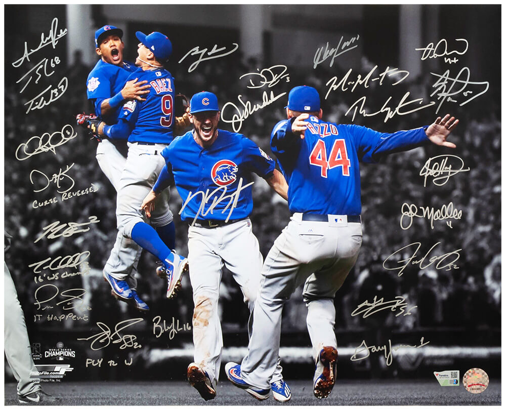 2016 Chicago Cubs Team Signed Cubs 2016 World Series Infielders Celebration Spotlight 16x20 Photo (24 Sigs) - CUB16P185 - 2016 Chicago Cubs Team Signed Cubs 2016 World Series Infielders Celebration Spotlight 16x20 Photo (24 Sigs) product image