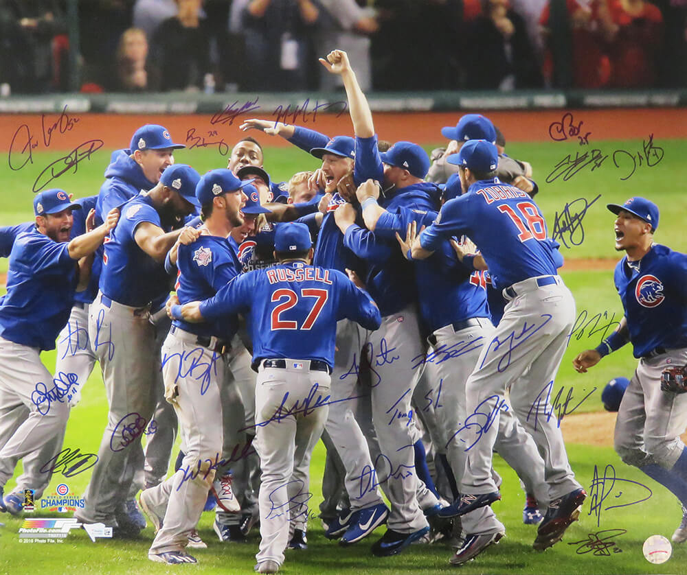 2016 Chicago Cubs Team Signed Chicago Cubs 2016 World Series Pile Up Celebration 20x24 Photo (27 Sigs) - CUB20P108 - 2016 Chicago Cubs Team Signed Chicago Cubs 2016 World Series Pile Up Celebration 20x24 Photo (27 Sigs) product image