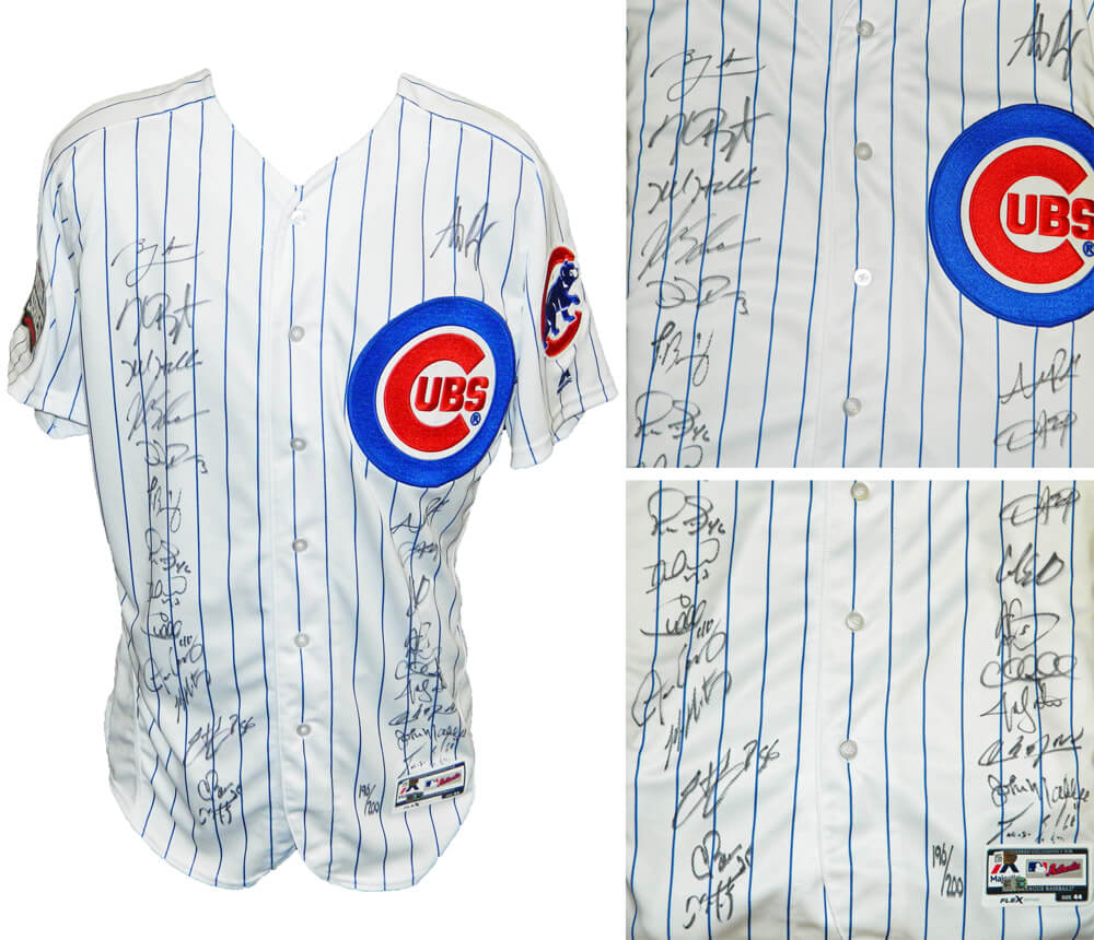 2016 Chicago Cubs Team Signed Chicago Cubs White Pinstripe Majestic Authentic Jersey w/2016 WS Patch (24 Sigs) - CUBJRY117 - 2016 Chicago Cubs Team Signed Chicago Cubs White Pinstripe Majestic Authentic Jersey w/2016 WS Patch (24 Sigs) product image