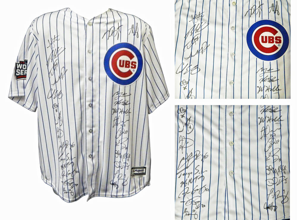 2016 Chicago Cubs Team Signed Chicago Cubs Joe Maddon White Pinstripe Majestic Jersey w/2016 WS Patch (26 Sigs) - CUBJRY121 - 2016 Chicago Cubs Team Signed Chicago Cubs Joe Maddon White Pinstripe Majestic Jersey w/2016 WS Patch (26 Sigs) product image