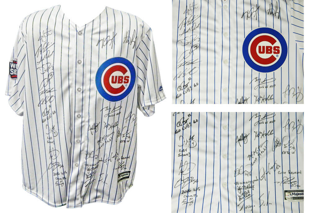 2016 Chicago Cubs Team Signed Cubs Ben Zobrist Pinstripe Majestic Jersey LE16 w/2016 WS Patch & 9 Insc. (26 Sigs) - CUBJRY122 - 2016 Chicago Cubs Team Signed Cubs Ben Zobrist Pinstripe Majestic Jersey LE16 w/2016 WS Patch & 9 Insc. (26 Sigs) product image