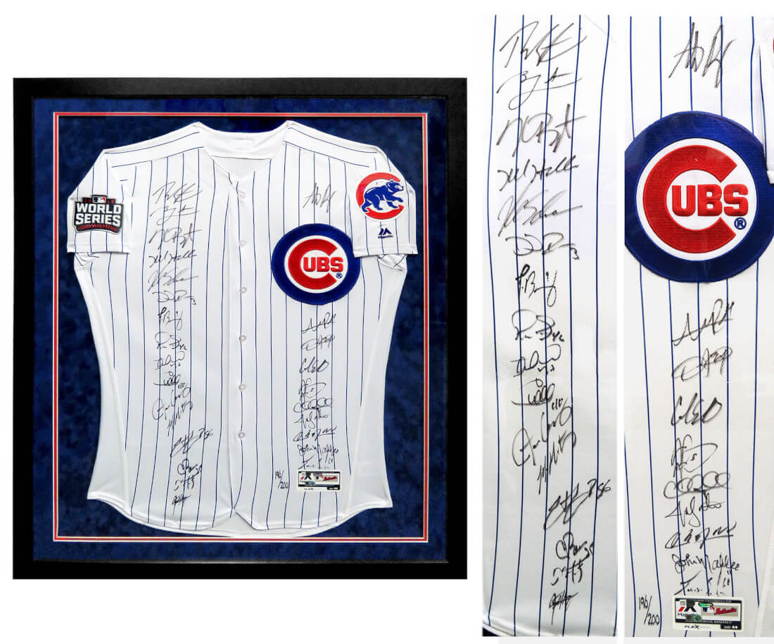 2016 Chicago Cubs Team Signed & Framed Chicago Cubs White Pinstripe Majestic Authentic Jersey w/2016 WS Patch (26 Sigs) - CUBJRY124 - 2016 Chicago Cubs Team Signed & Framed Chicago Cubs White Pinstripe Majestic Authentic Jersey w/2016 WS Patch (26 Sigs) product image