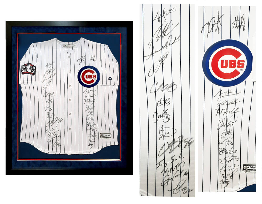 2016 Chicago Cubs Team Signed & Framed Chicago Cubs Joe Maddon White Pinstripe Majestic Jersey w/2016 WS Patch (26 Sigs) - CUBJRY125 - 2016 Chicago Cubs Team Signed & Framed Chicago Cubs Joe Maddon White Pinstripe Majestic Jersey w/2016 WS Patch (26 Sigs) product image