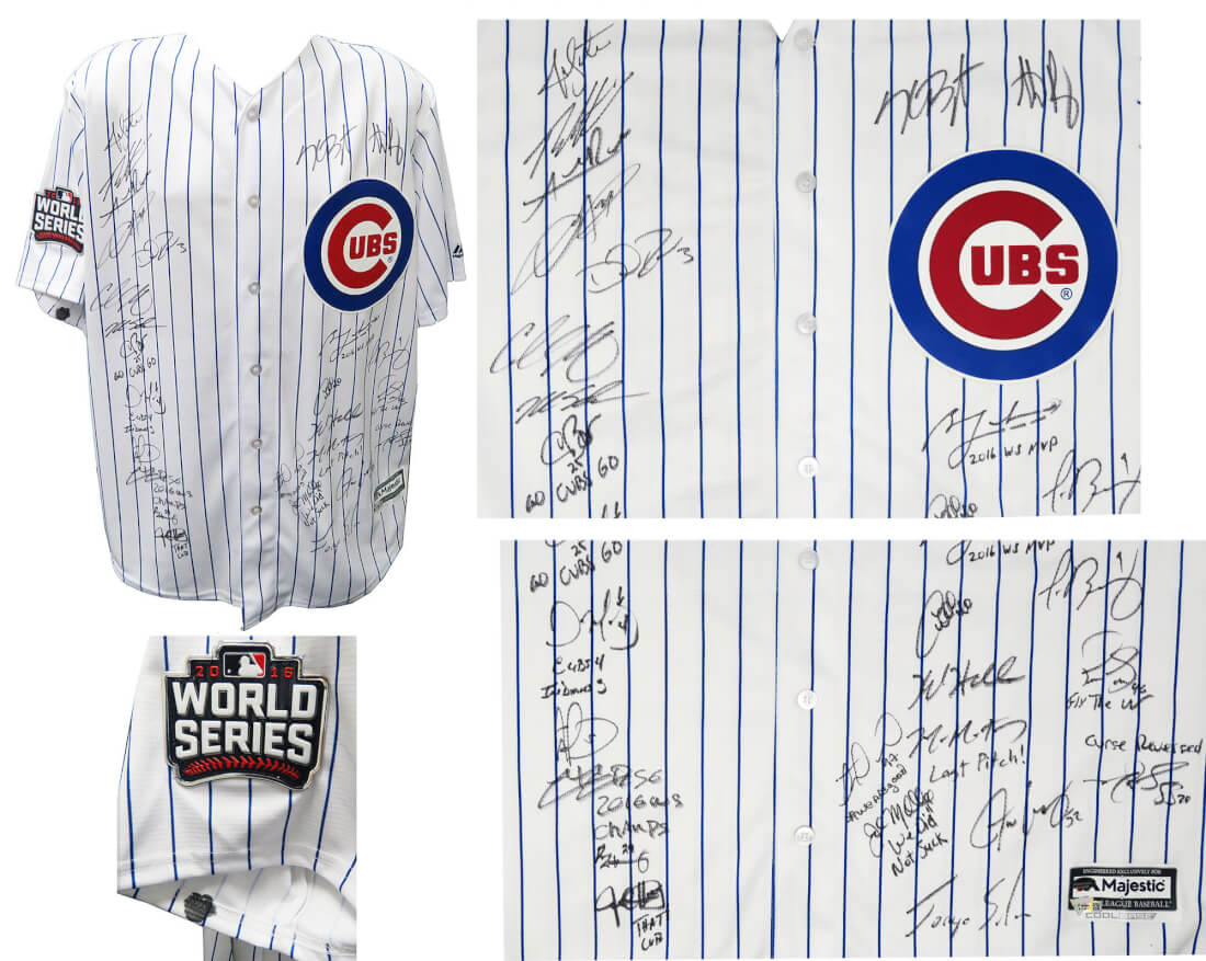 2016 Chicago Cubs Team Signed Chicago Cubs Ben Zobrist Pinstripe Majestic Jersey LE16 w/2016 WS Patch & 9 Insc. (26 Sigs) - CUBJRY126 - 2016 Chicago Cubs Team Signed Chicago Cubs Ben Zobrist Pinstripe Majestic Jersey LE16 w/2016 WS Patch & 9 Insc. (26 Sigs) product image